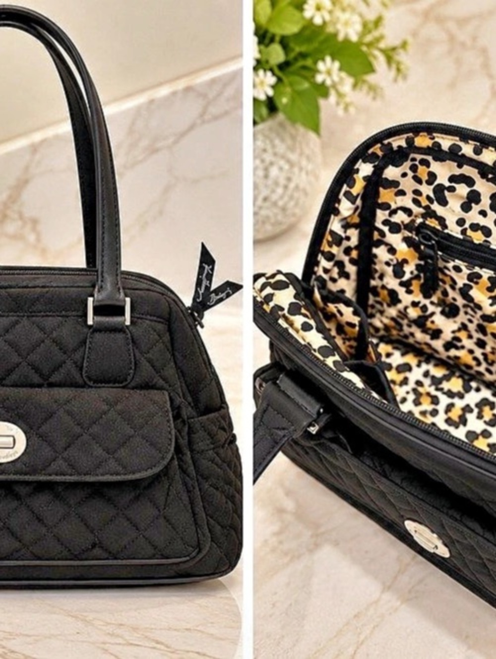 Vera Bradley Quilted Turn Lock Satchel Shoulder Bag Black & Brown